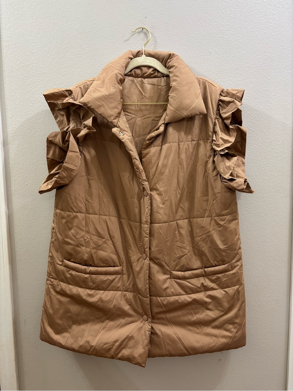 Sleeveless Quilted Puffer Vest with Ruffle Shoulders - khaki
